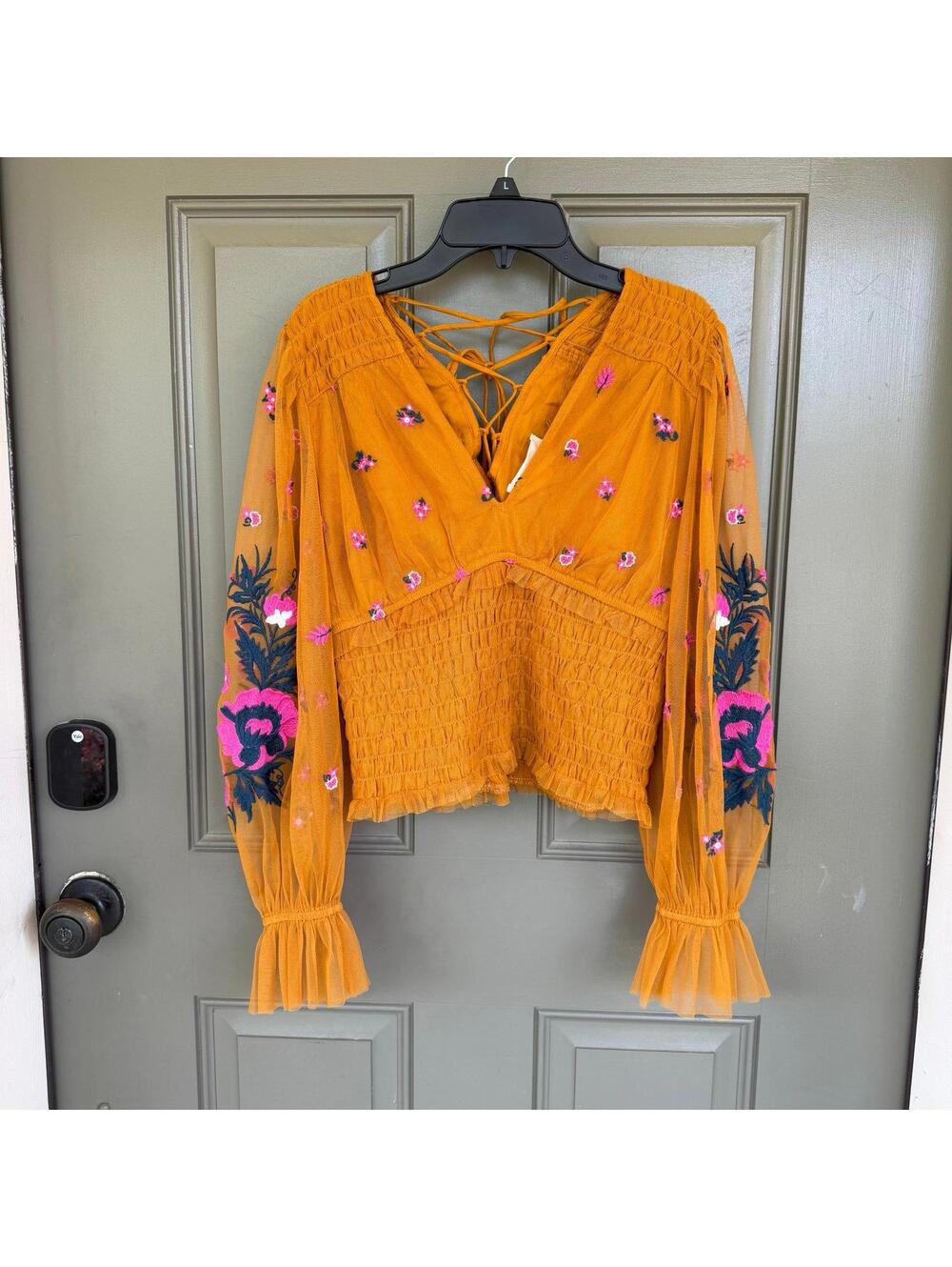 Anthropologie Smocked Tulle Embroidered Blouse Gold/Mustard Small‎